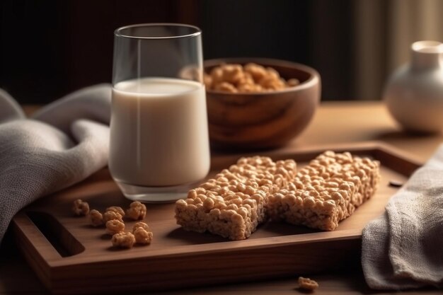 Una bandeja de desayuno con un vaso de leche, un vaso de leche y un bol de cacahuetes.