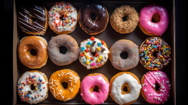 Una bandeja de donas con diferentes sabores, incluida una con una variedad de chispas.