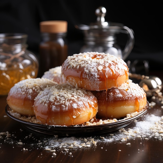 una bandeja de donuts con azúcar glass y un tarro de miel