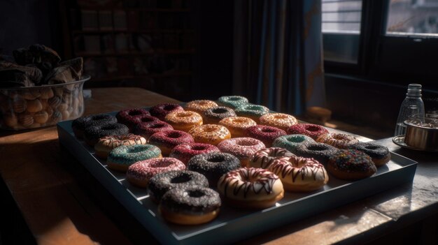 Una bandeja de donuts con glaseado de diferentes colores.