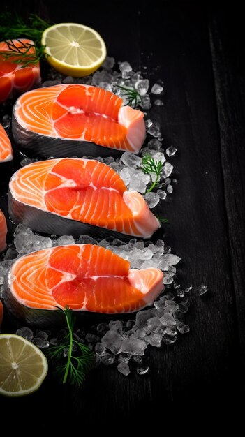 Una bandeja de filetes de salmón con hielo y limones