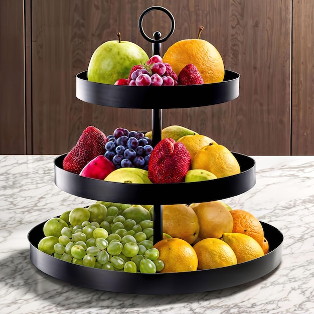 Foto bandeja de frutas de 3 niveles en la mesa de la cocina ai generativa
