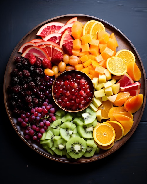 bandeja de frutas de arco iris con granada y naranjas