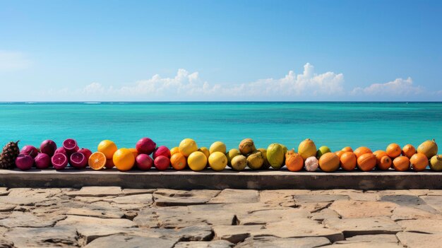 una bandeja de frutas en una playa con el océano en el fondo.