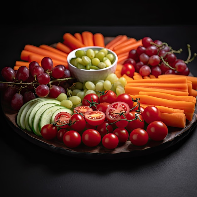 Una bandeja de frutas y verduras en una mesa negra