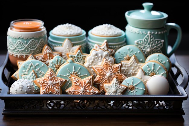 Bandeja de galletas de azúcar decorada con glaseado real generativo IA