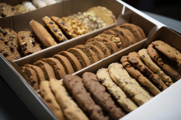 Foto bandeja de galletas y biscotti lista para empaquetar y entregar creada con ia generativa