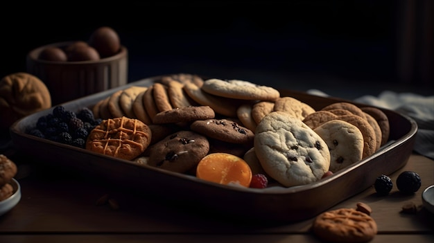 Una bandeja de galletas y una cesta de huevos.