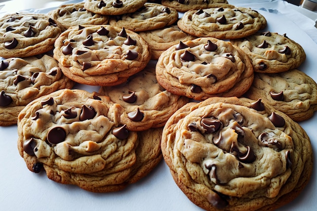 Una bandeja de galletas de chispas de chocolate con algunas galletas más.