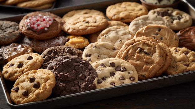 Una bandeja de galletas, incluida una que dice chispas de chocolate.