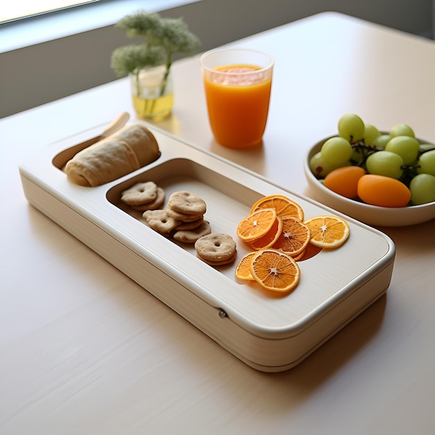 una bandeja de galletas, naranjas y naranjas están en una mesa.