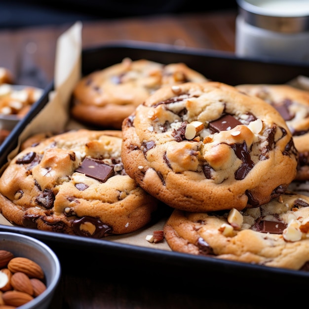 bandeja de galletas recién horneadas con trozos de chocolate y trozos de nueces que salen de la masa