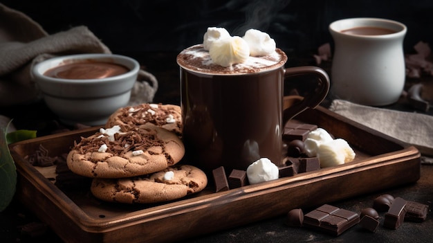 Una bandeja de galletas y una taza de chocolate caliente.