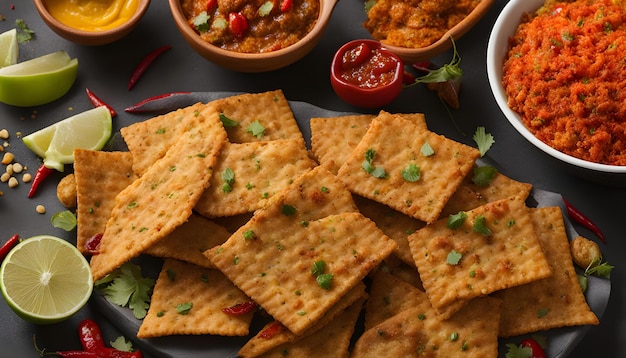 una bandeja de galletas con un tazón de salsa y un tazó de salsa