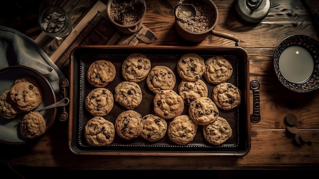 Una bandeja de galletas con trocitos de chocolate en una mesa