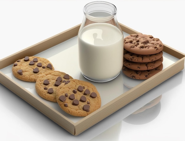 Una bandeja de galletas y un vaso de leche con la palabra chocolate.