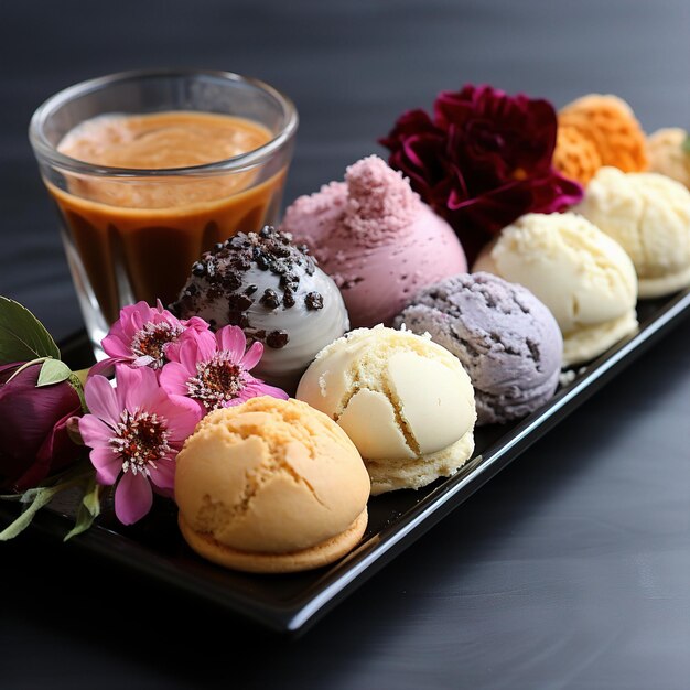 Foto una bandeja de helados con flores y un vaso de helado.