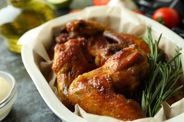 Bandeja para hornear con alitas de pollo al horno, cerrar