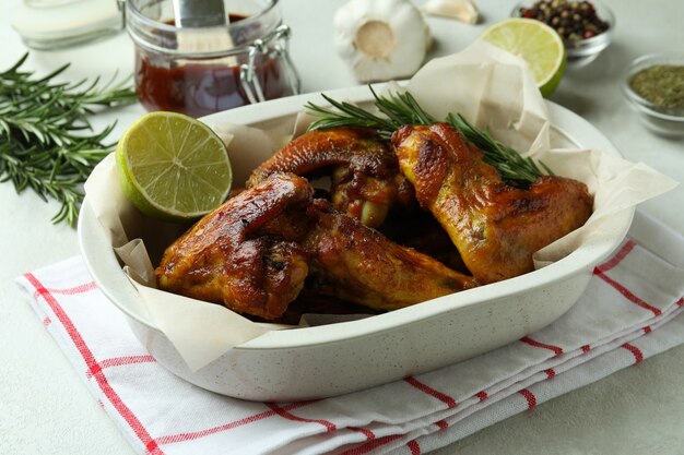 Bandeja para hornear con alitas de pollo al horno sobre tabla con textura blanca