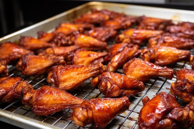 Foto bandeja para hornear de brillantes alitas de pollo a la barbacoa con miel recién sacadas del horno