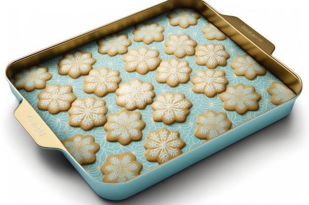 Foto bandeja para hornear galletas dulces con patrón de copos de nieve