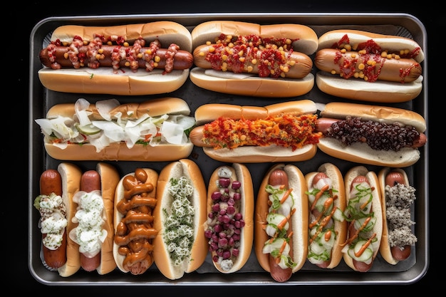 Bandeja de hot dogs, cada uno con un aderezo diferente para variedad y atractivo visual