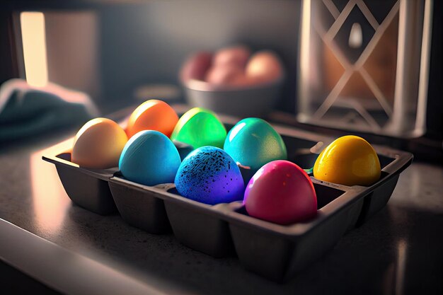 Una bandeja de huevos de pascua de colores en un mostrador