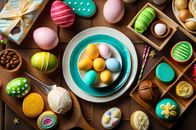 una bandeja de huevos de Pascua con un plato de diferentes colores y un plato De diferentes colores.