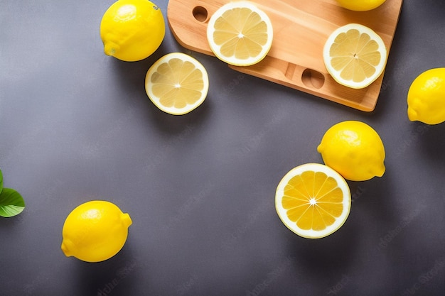 Una bandeja de limones sobre un fondo oscuro.