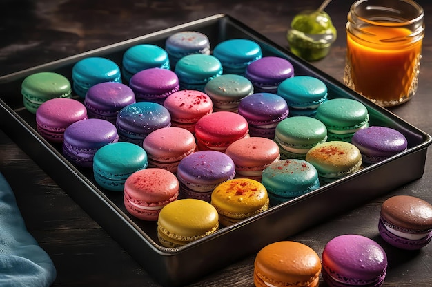 Bandeja de macarons congelados con nitrógeno con colores vibrantes y textura suave IA generativa