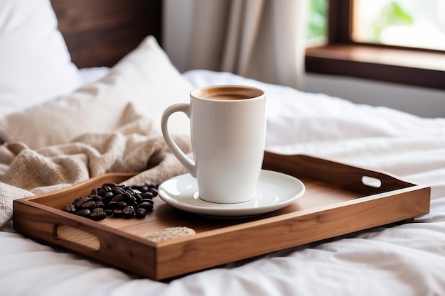 Bandeja de madera con café y decoración interior en la cama con lino blanco imagen Copyspace