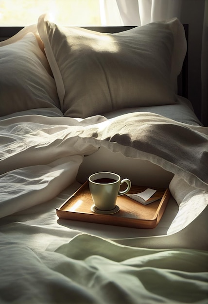 Bandeja de madera con café y decoración interior en la cama con sábanas blancas Generado por IA