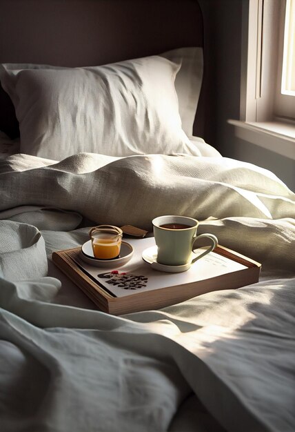 Bandeja de madera con café y decoración interior en la cama con sábanas blancas.
