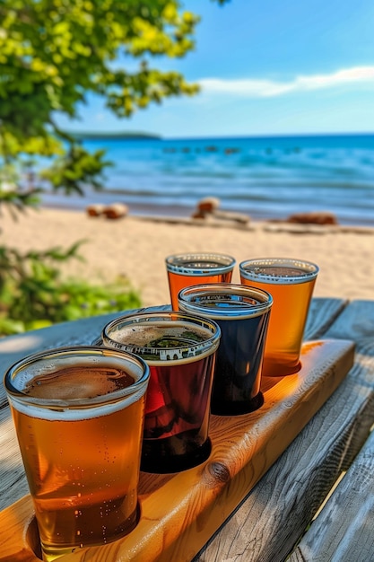 Una bandeja de madera con cinco vasos de cerveza en ella