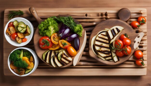 Foto una bandeja de madera con comida en ella, incluidas las verduras y un plato de verduras