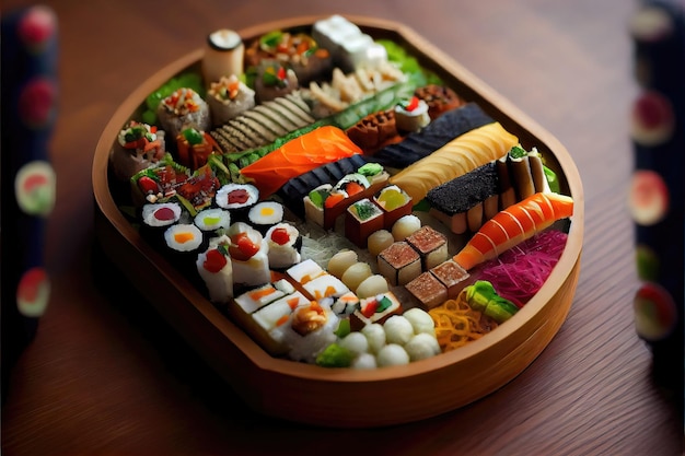 Una bandeja de madera con diferentes tipos de sushi.