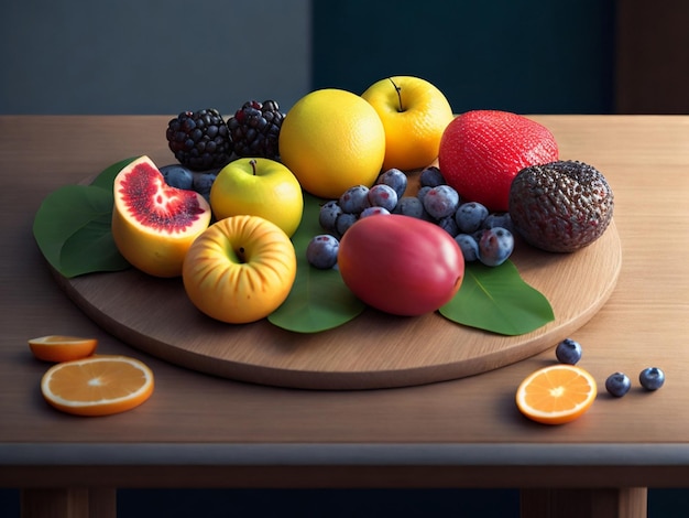 Una bandeja de madera con frutas y una hoja en la mesa