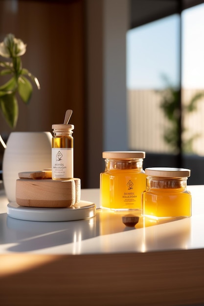 una bandeja de madera con una jarra de miel y una botella de miel