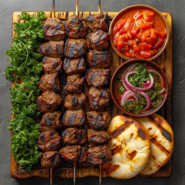 Una bandeja de madera llena de carne y verduras frescas