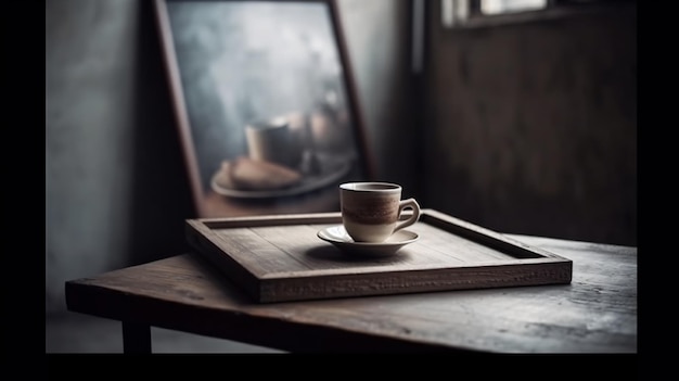 Una bandeja de madera con una taza de café se sienta sobre una mesa de madera.