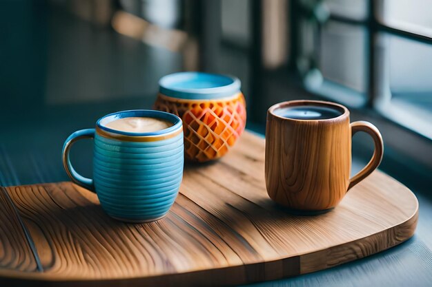 una bandeja de madera con tazas y otra con tapa que dice "café".