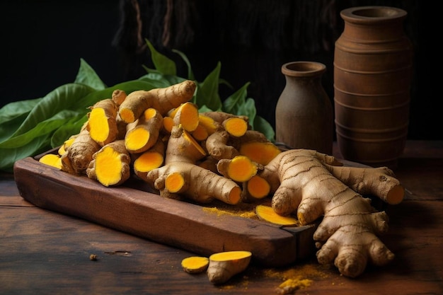 una bandeja de madera con zanahorias naranjas y una maceta con una planta.