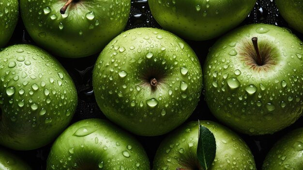 Una bandeja de manzanas verdes con gotas de agua sobre ellas