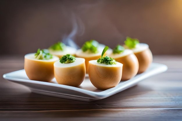 Foto una bandeja de mini quesos con brócoli en la parte superior de ellos