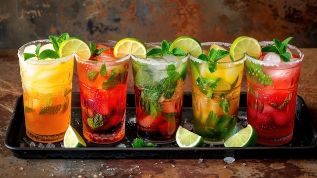 Una bandeja de mojitos coloridos con hojas de menta y cuñas de lima