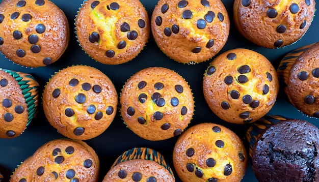 Una bandeja de muffins de chispas de chocolate con chispas de chocolate