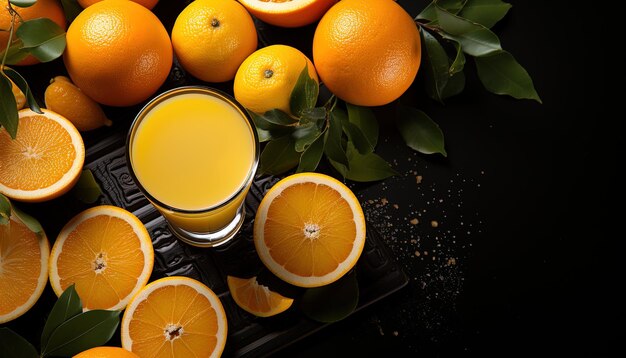 una bandeja de naranjas y un vaso de jugo de naranja