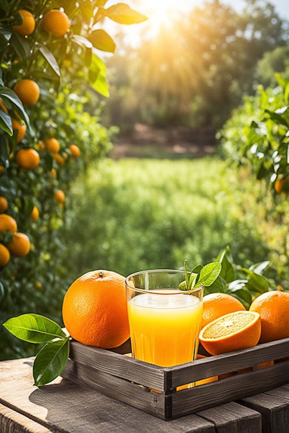 una bandeja de naranjas y un vaso de jugo de naranja