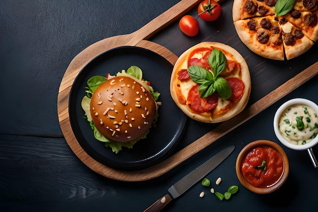 Una bandeja negra con una hamburguesa y una pizza.