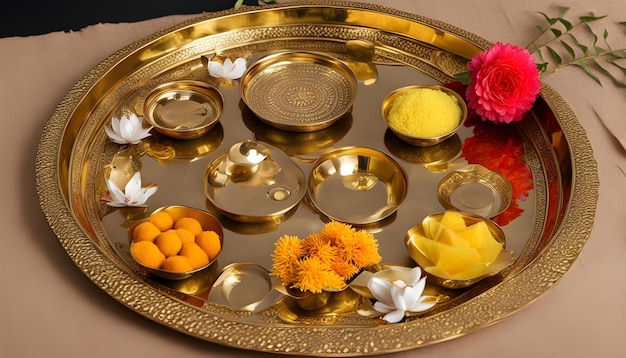 Foto una bandeja de objetos de color dorado incluyendo una flor y una flor